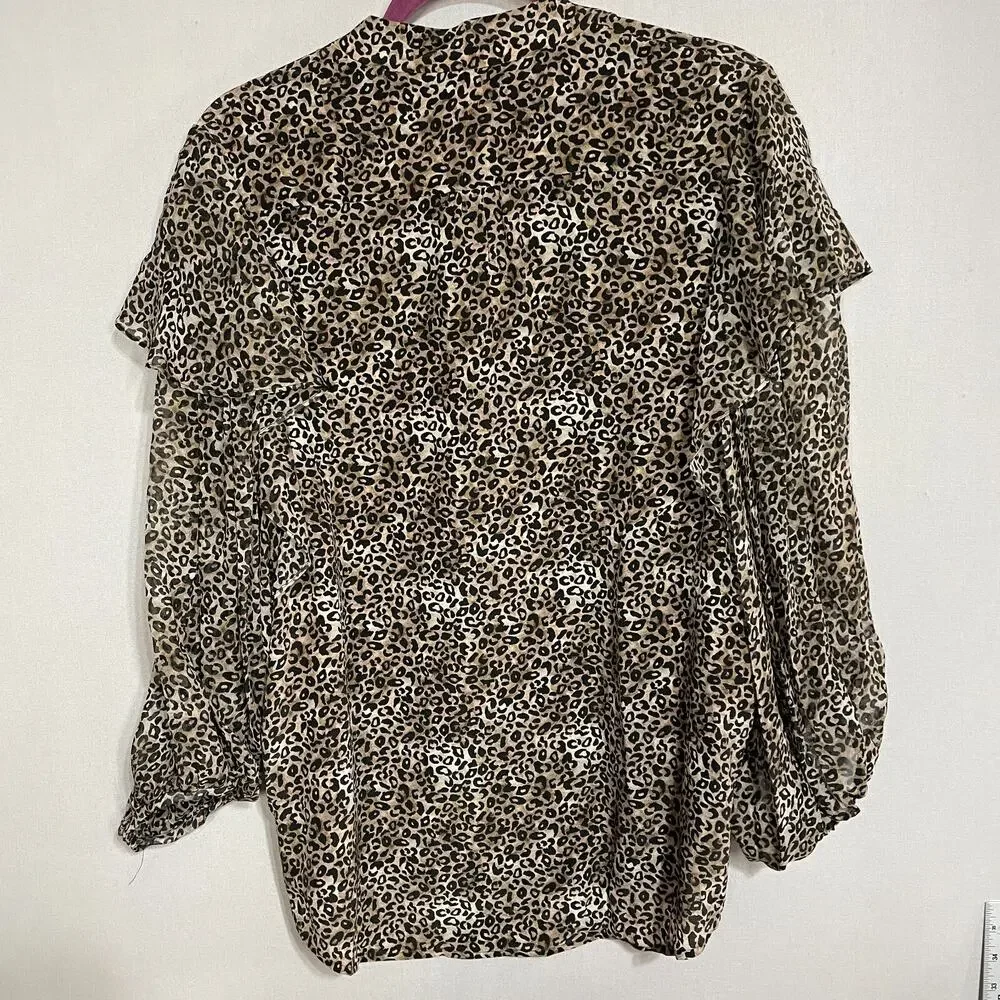 Saloni Button Down Top Women US 12 Brown Cheetah Flutter Silk Blouse Classic - Picture 2 of 9
